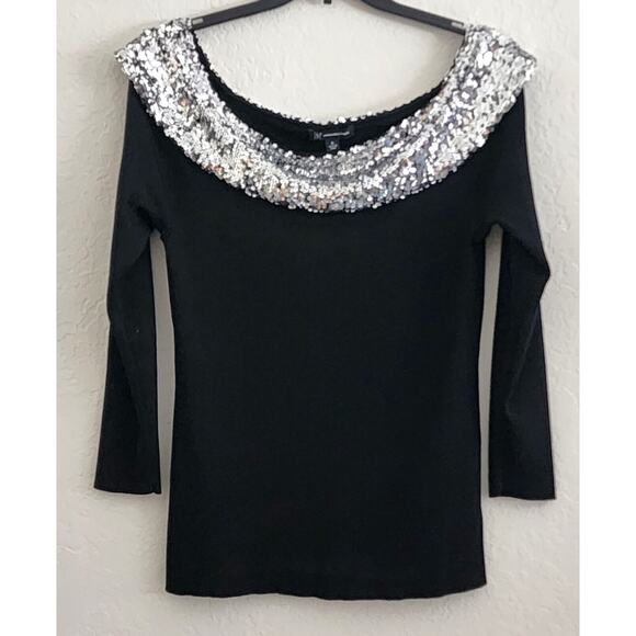 TOP/BLOUSE-INC-INTERNATIONAL CONCEPTS-Black-Silver Sequin Neckline-3/4 Sleeve-XL - Picture 1 of 14